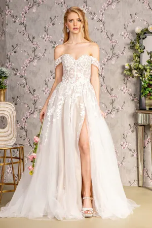 Floral Embroidery Sheer Bodice Off Shoulder Mesh A-line Long Wedding Dress GLGL3429