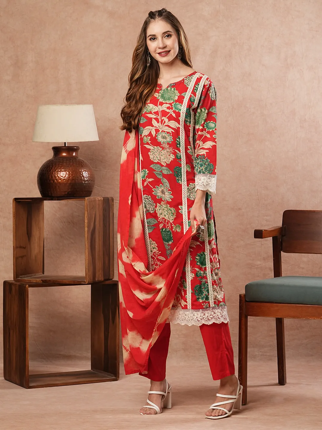 Floral Printed Sequins & Resham Lace Embellished Kurta with Pants & Shibori Dupatta - Red