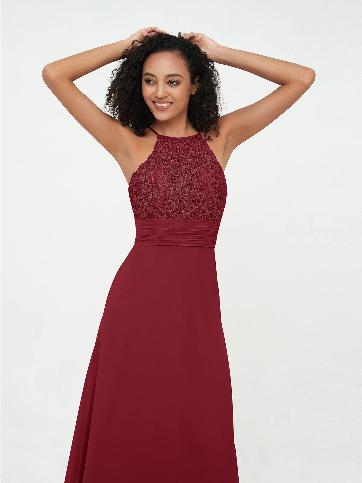 Halter Lace Top and Chiffon Open Back Dresses Burgundy Plus Size