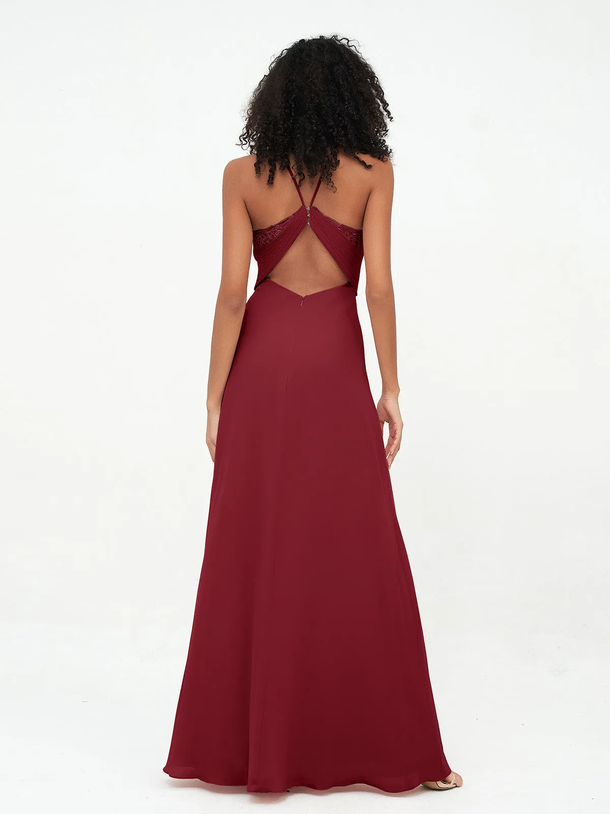 Halter Lace Top and Chiffon Open Back Dresses Burgundy Plus Size