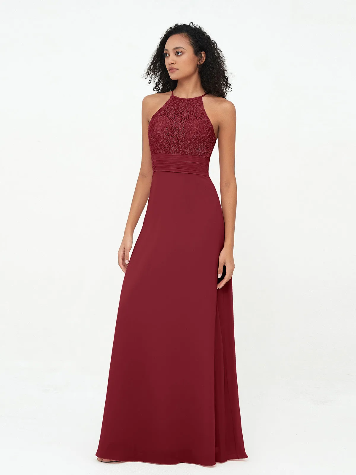 Halter Lace Top and Chiffon Open Back Dresses Burgundy Plus Size