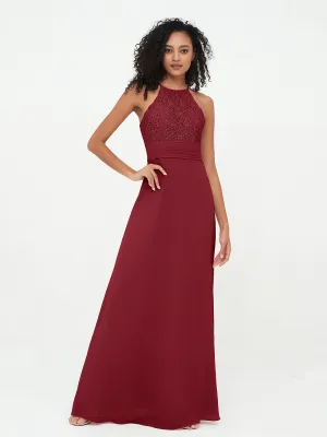 Halter Lace Top and Chiffon Open Back Dresses Burgundy Plus Size