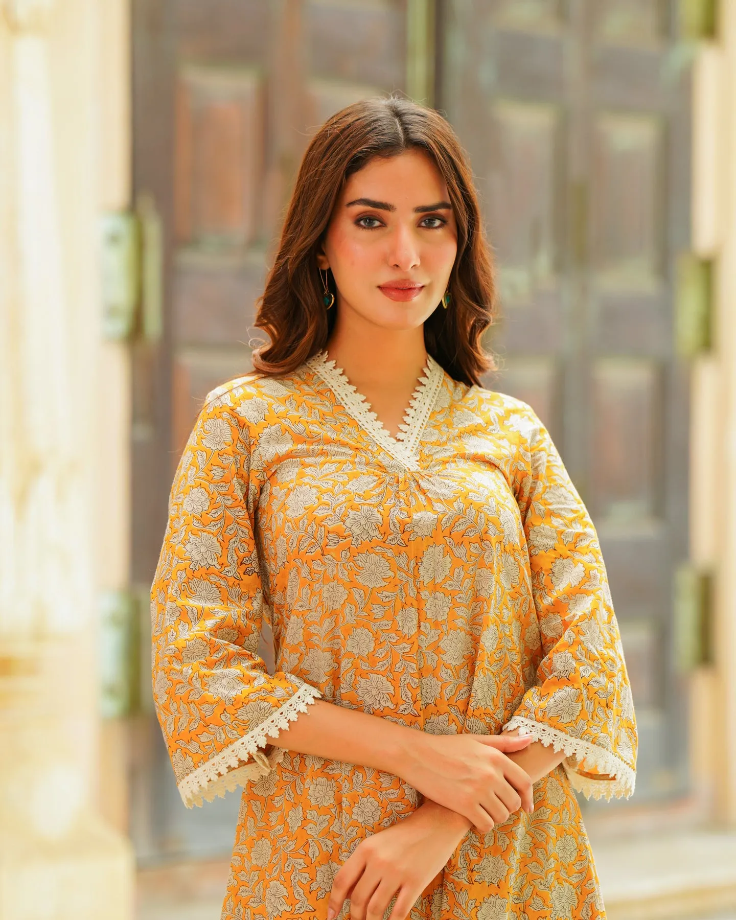Handblock Printed Yellow Kurta Set