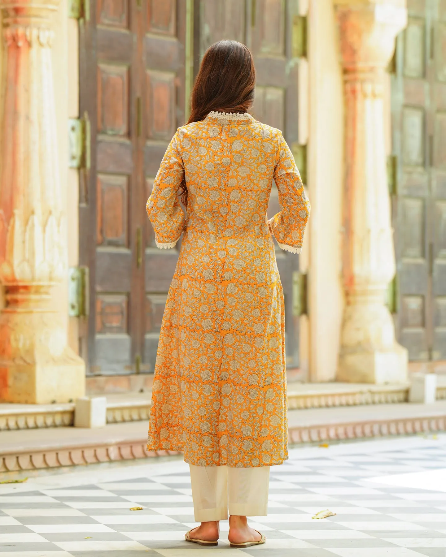 Handblock Printed Yellow Kurta Set