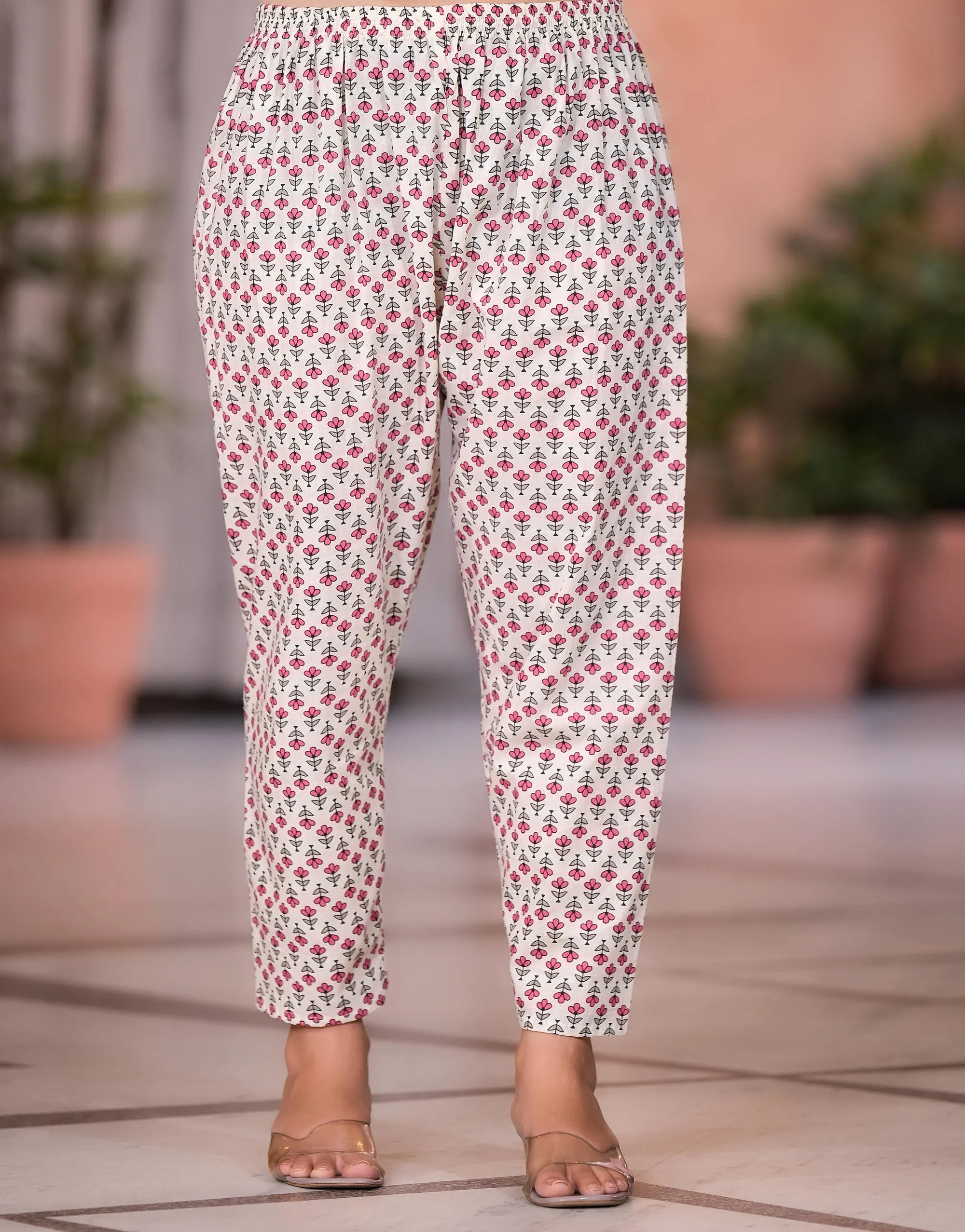 Off White Floral Printed Cotton Kurta Set With Thread & Mirror work