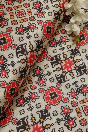 Off White Patola Design Tussar Silk Fabric  - Digital Print ( 1 Mtr )
