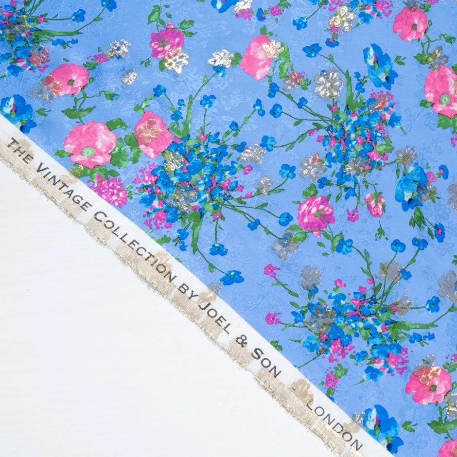 Pink Floral Printed Deep Blue Metallic Silk Jacquard