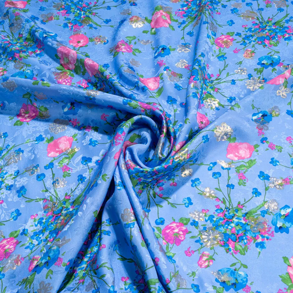 Pink Floral Printed Deep Blue Metallic Silk Jacquard
