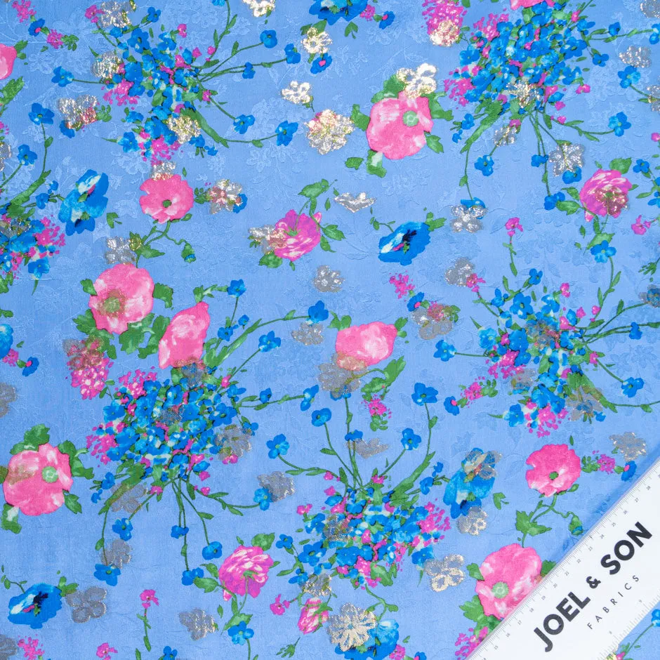 Pink Floral Printed Deep Blue Metallic Silk Jacquard