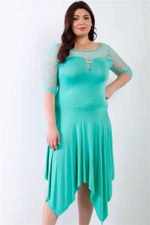 Plus Mint Lace Short Sleeves Handkerchief Hem Asymmetrical Cocktail Party Swing Dress