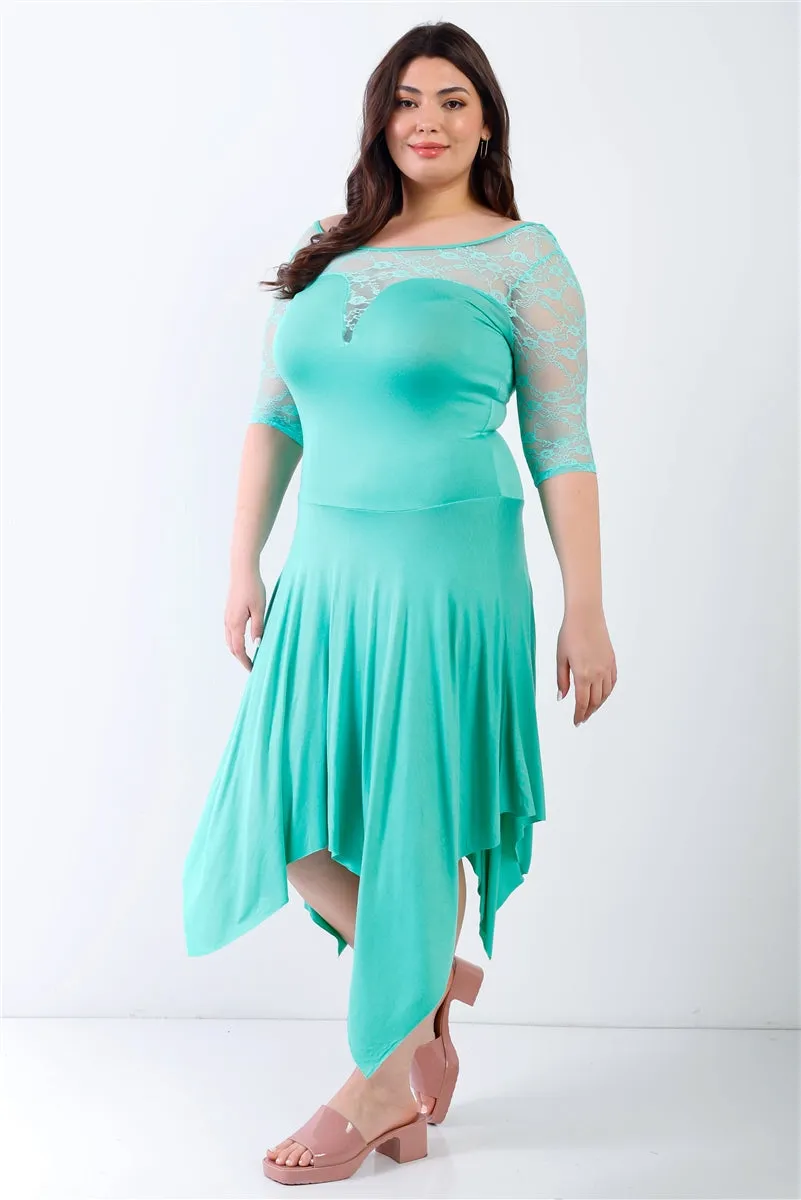 Plus Mint Lace Short Sleeves Handkerchief Hem Asymmetrical Cocktail Party Swing Dress