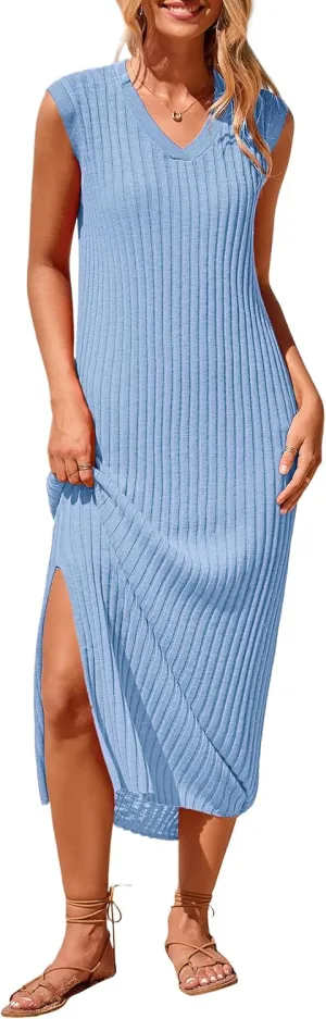 PRETTYGARDEN Women's 2025 Summer Casual Maxi Dresses Ribbed Knit Sleeveless V Neck 2 Piece Outfits with Slip Under Dress