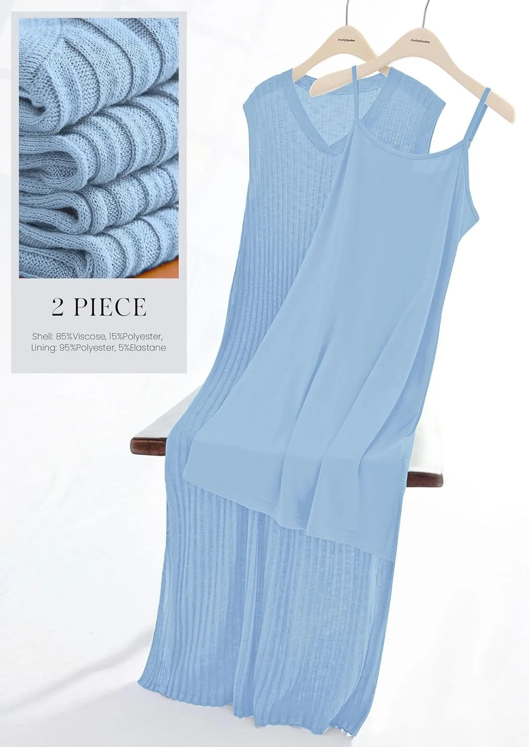 PRETTYGARDEN Women's 2025 Summer Casual Maxi Dresses Ribbed Knit Sleeveless V Neck 2 Piece Outfits with Slip Under Dress