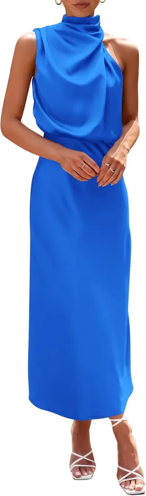 PRETTYGARDEN Women's 2025 Summer Satin Dress Elegant Sleeveless Mock Neck Cocktail Party Maxi Dresses