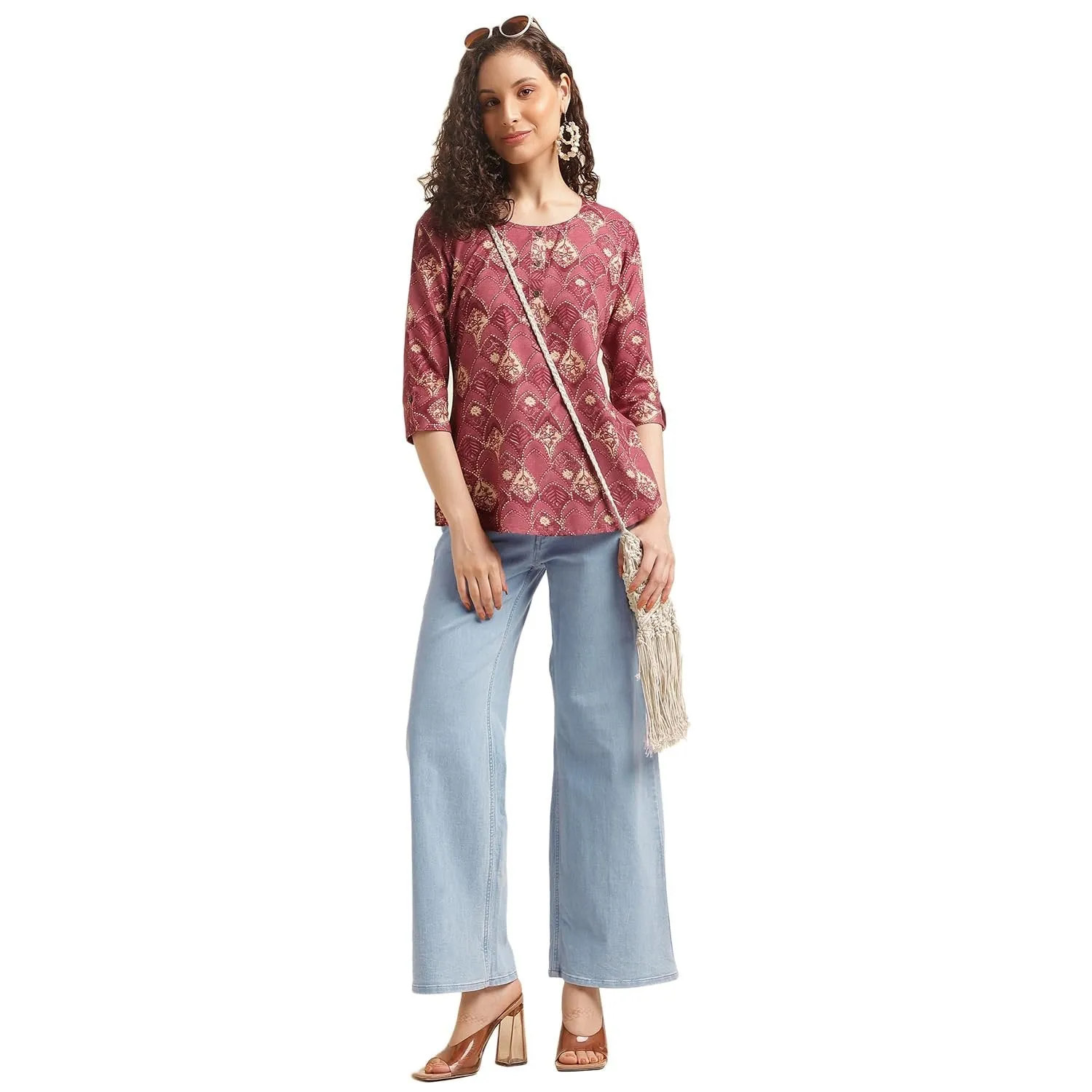Printed Wine Top for Women - Stylish 3/4 Sleeve Cotton Blend Office Wear