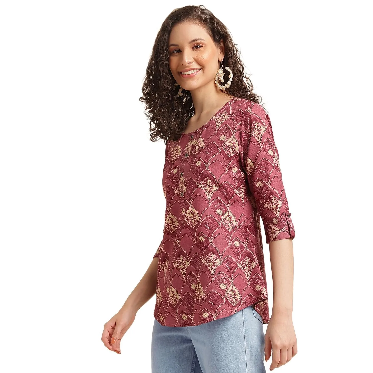 Printed Wine Top for Women - Stylish 3/4 Sleeve Cotton Blend Office Wear