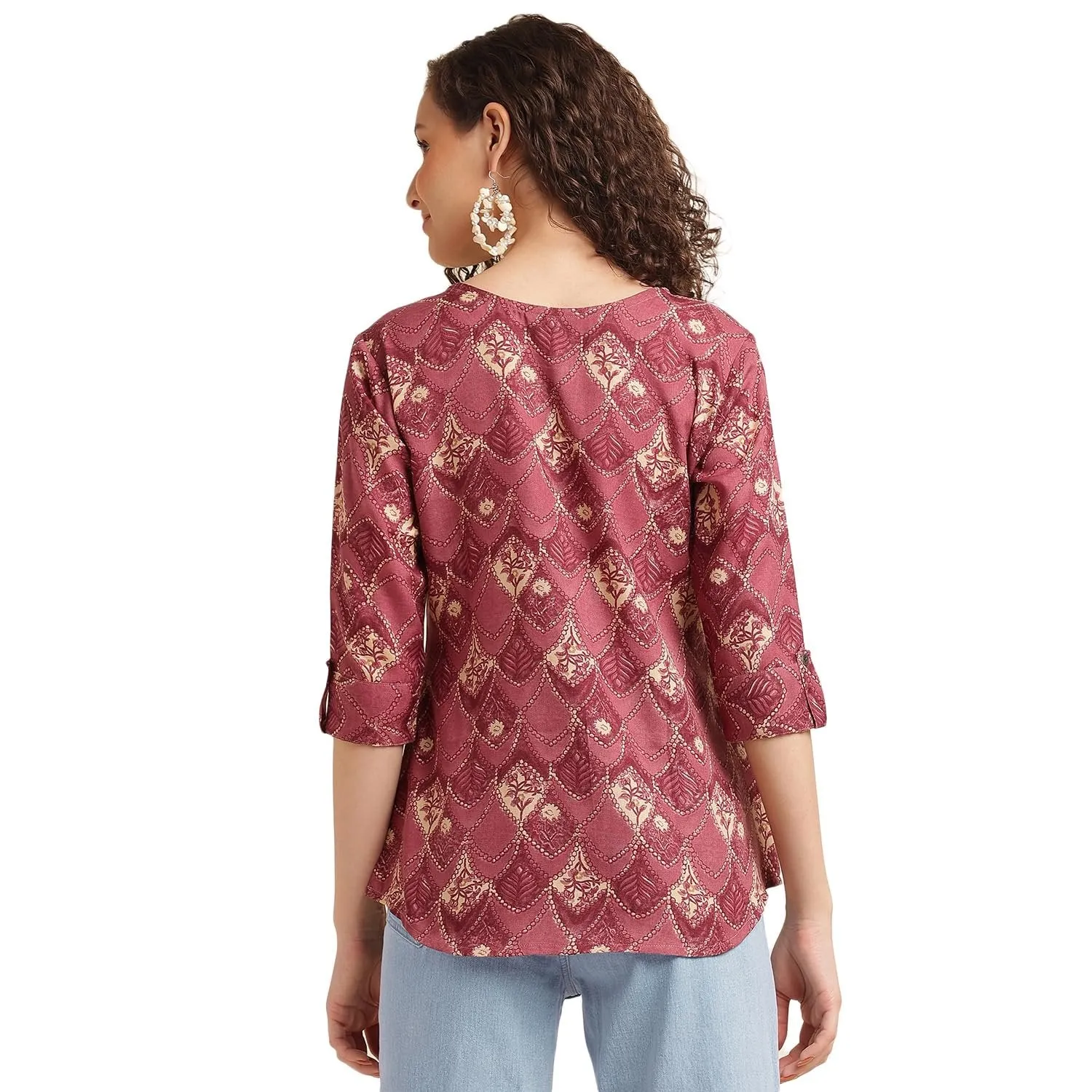 Printed Wine Top for Women - Stylish 3/4 Sleeve Cotton Blend Office Wear