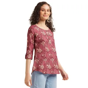 Printed Wine Top for Women - Stylish 3/4 Sleeve Cotton Blend Office Wear