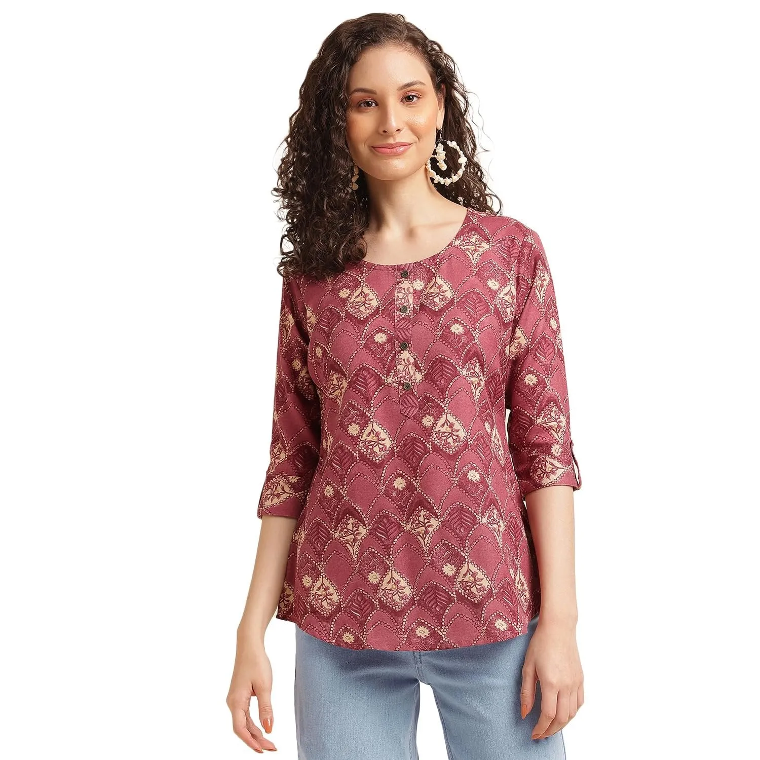 Printed Wine Top for Women - Stylish 3/4 Sleeve Cotton Blend Office Wear