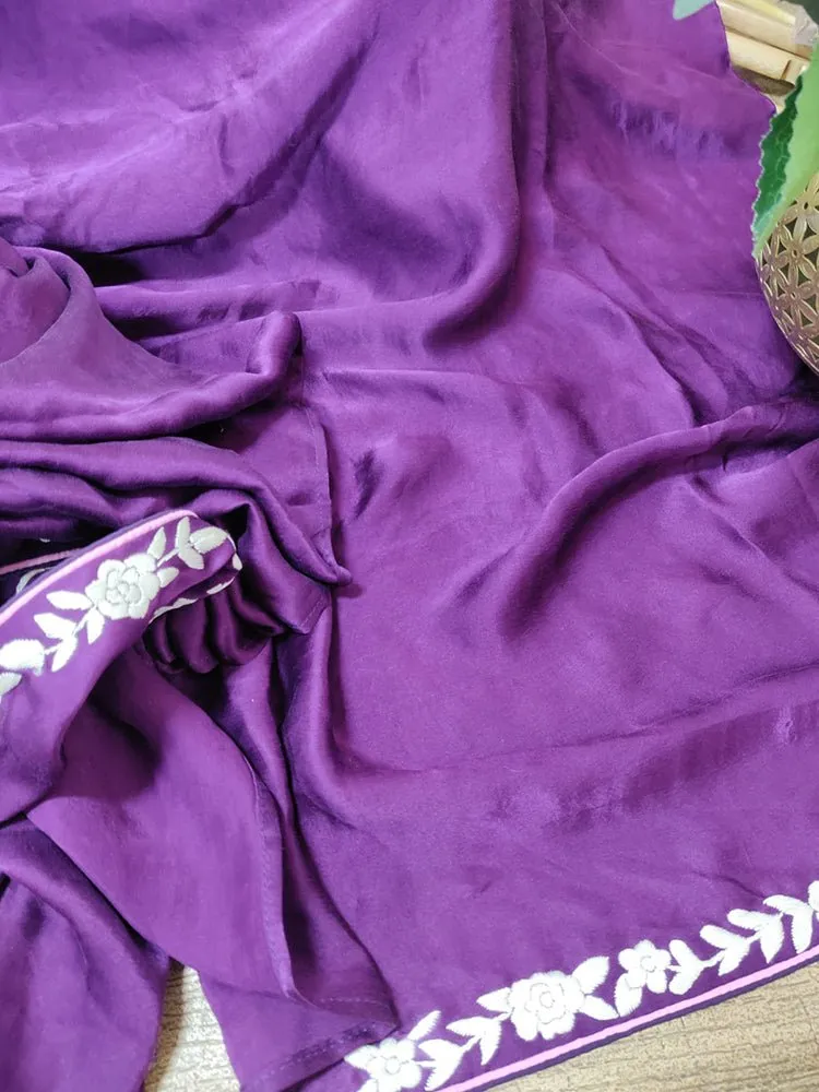 Purple Hand Embroidered Parsi Gara Pure Satin Crepe Silk Flower Design Saree