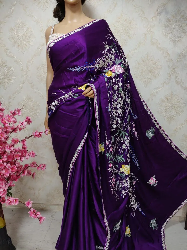 Purple Hand Embroidered Parsi Gara Pure Satin Crepe Silk Flower Design Saree