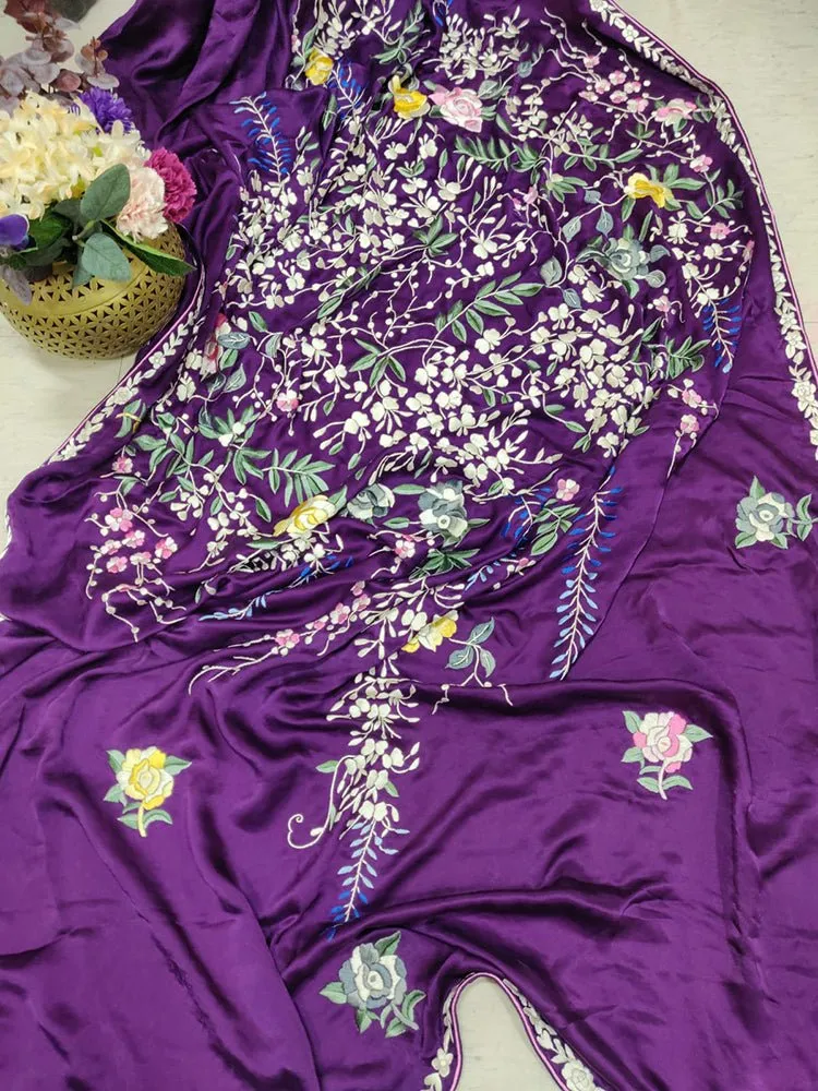 Purple Hand Embroidered Parsi Gara Pure Satin Crepe Silk Flower Design Saree