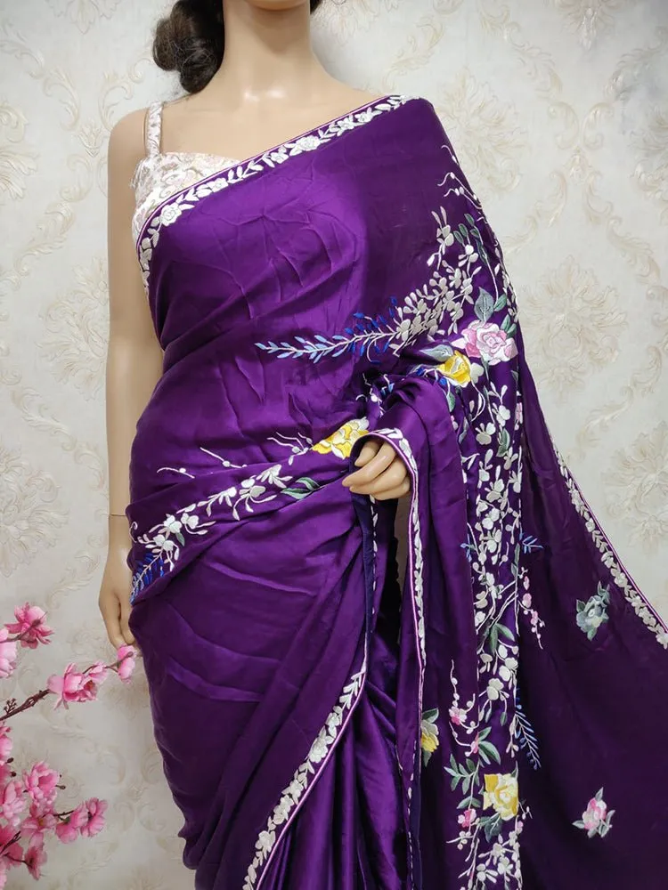 Purple Hand Embroidered Parsi Gara Pure Satin Crepe Silk Flower Design Saree