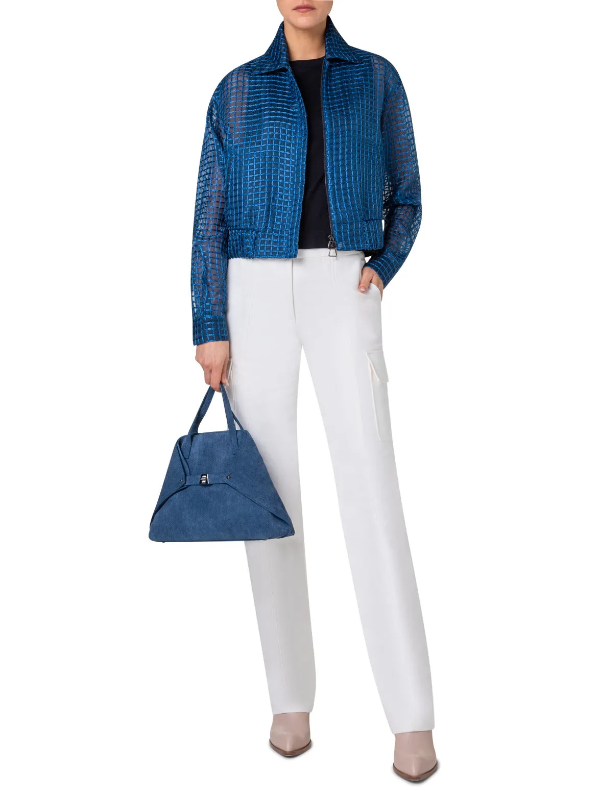 Sheer Silk Blouson with Window Plaid Embroidery