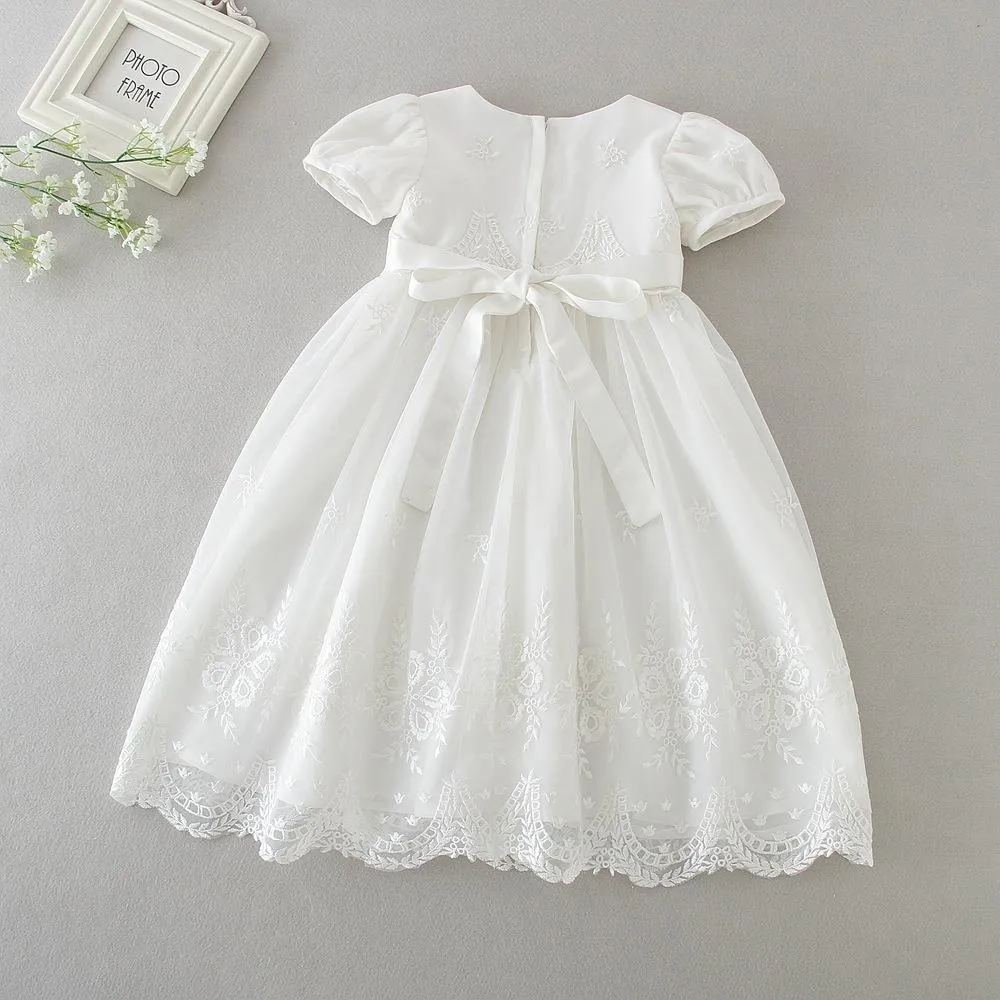 Short Sleeve Baby Girl Christening Gown with Bonnet Ball Gown Infant Dresses