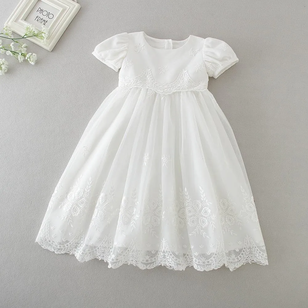 Short Sleeve Baby Girl Christening Gown with Bonnet Ball Gown Infant Dresses
