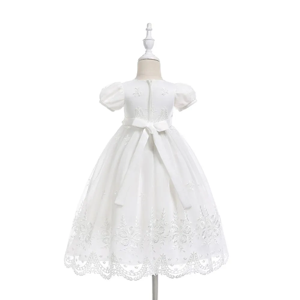 Short Sleeve Baby Girl Christening Gown with Bonnet Ball Gown Infant Dresses