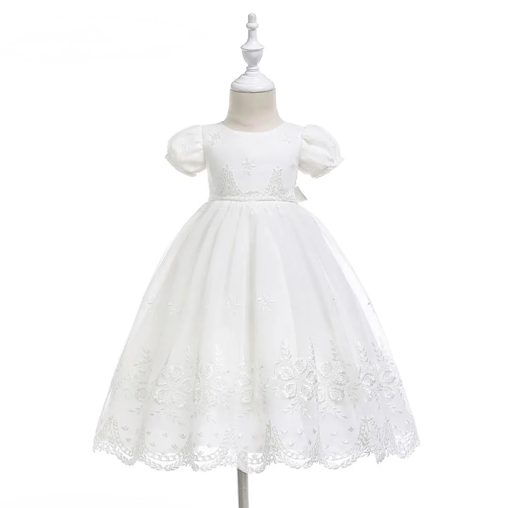 Short Sleeve Baby Girl Christening Gown with Bonnet Ball Gown Infant Dresses