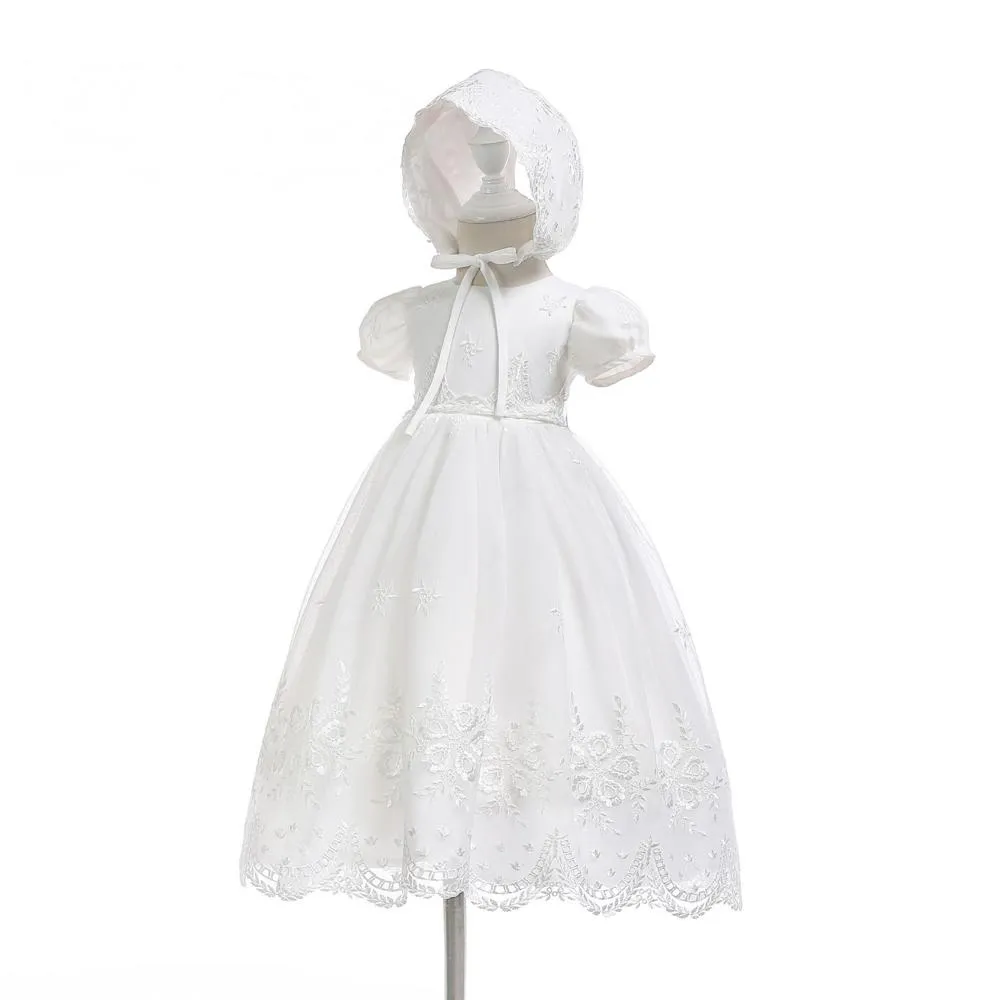 Short Sleeve Baby Girl Christening Gown with Bonnet Ball Gown Infant Dresses