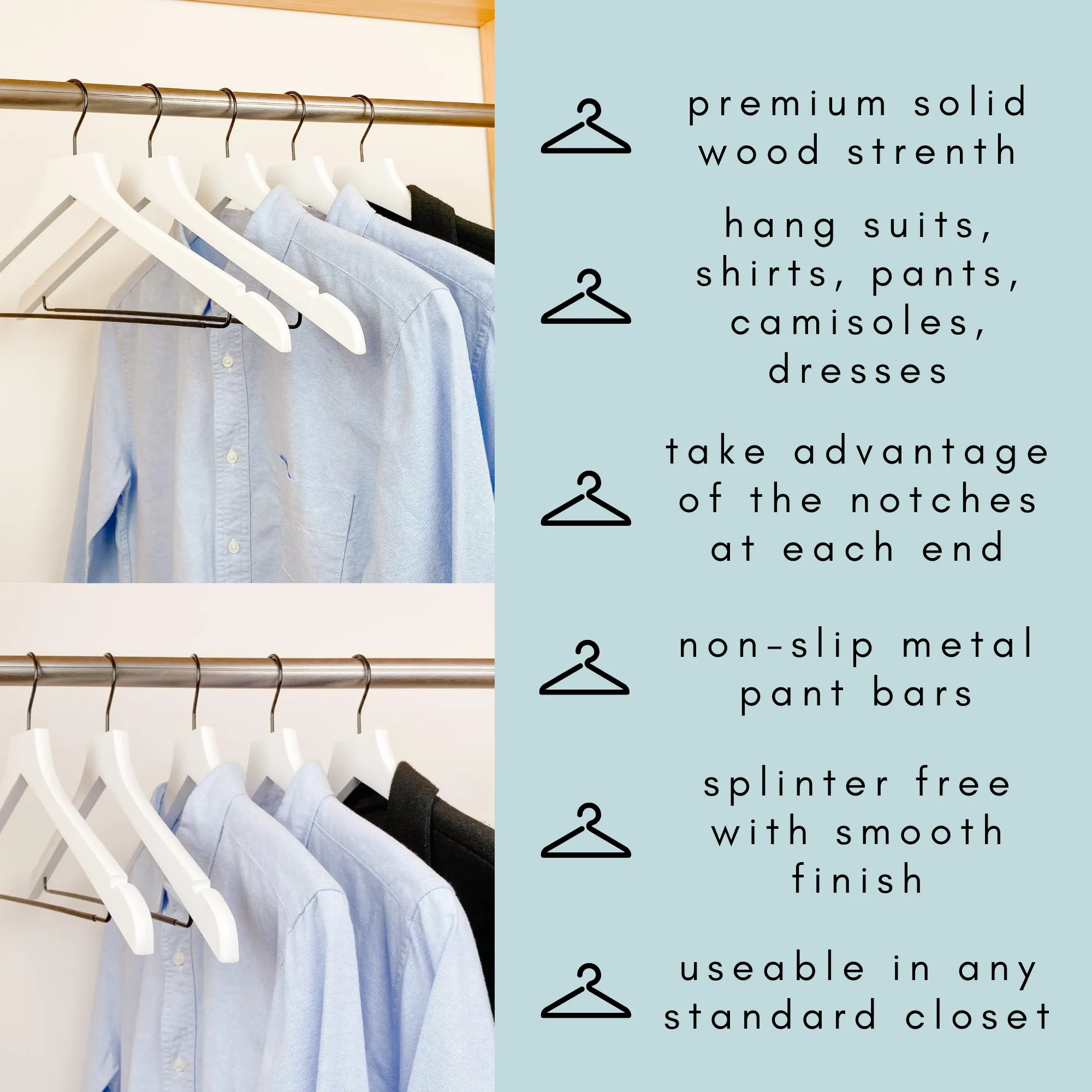 Signature Wood Hangers with Metal Non-Slip Pant Bar- Set of 20 (White)