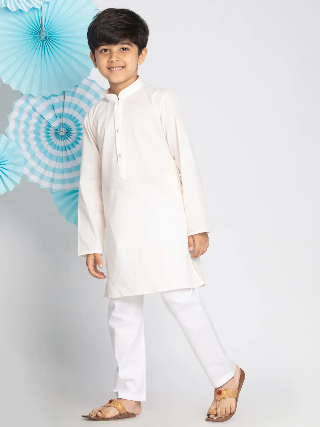 VASTRAMAY Boys' Cream And White Kurta Pyjama Set