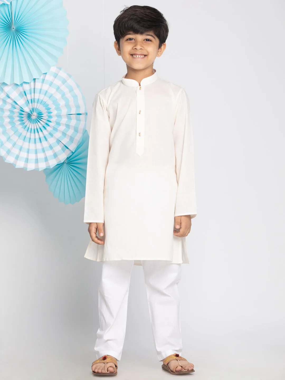 VASTRAMAY Boys' Cream And White Kurta Pyjama Set