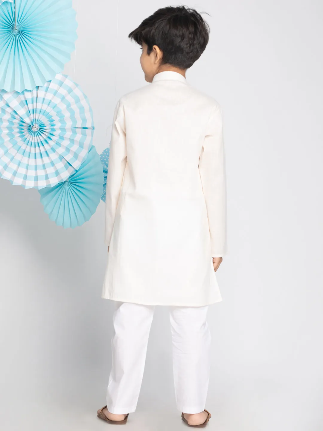 VASTRAMAY Boys' Cream And White Kurta Pyjama Set