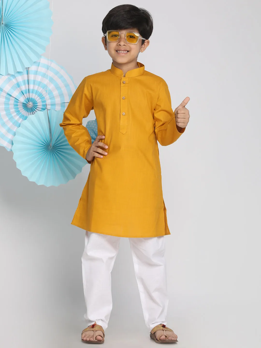 VASTRAMAY Boys Mustard And White Kurta Pyjama Set