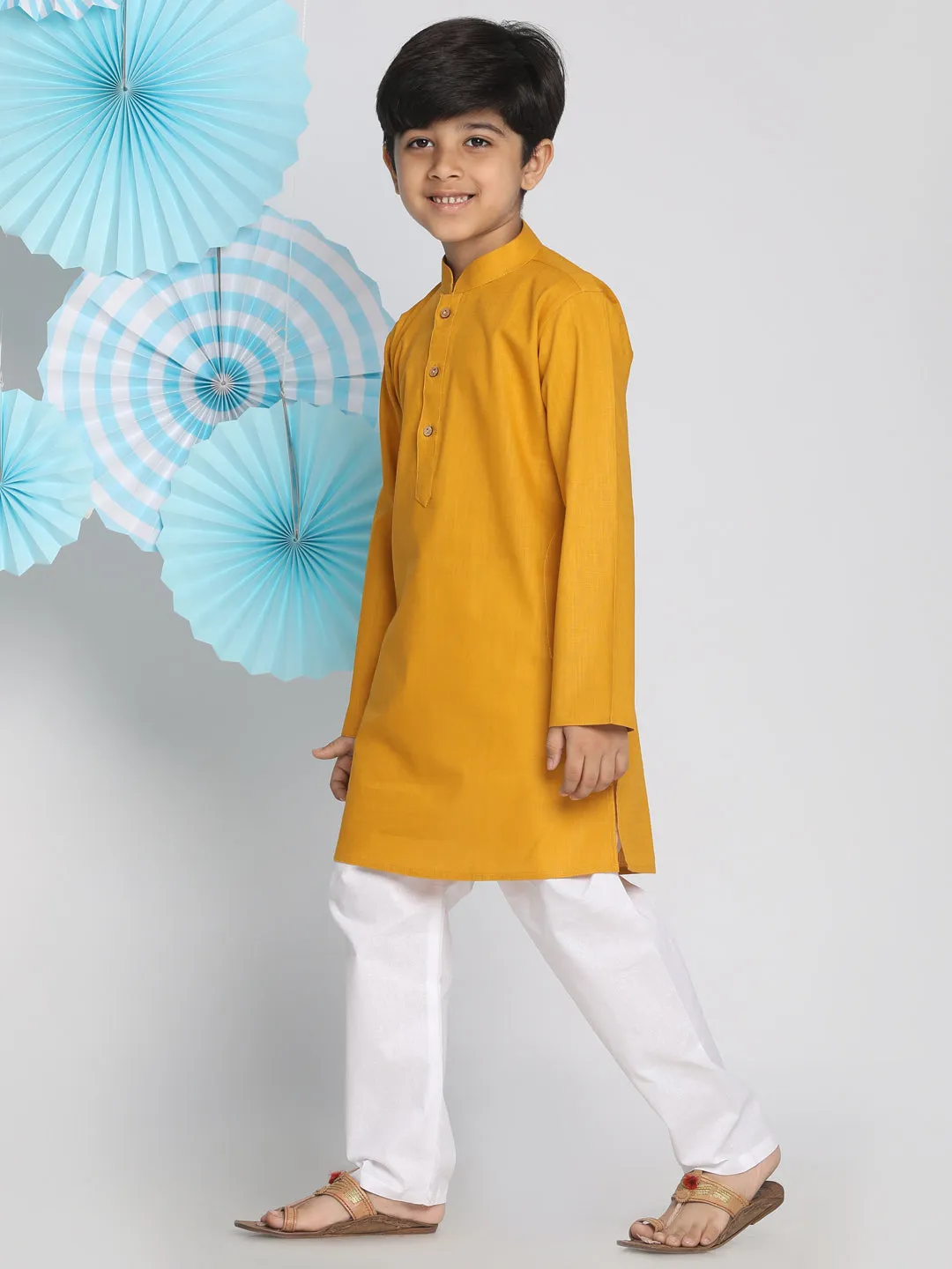 VASTRAMAY Boys Mustard And White Kurta Pyjama Set