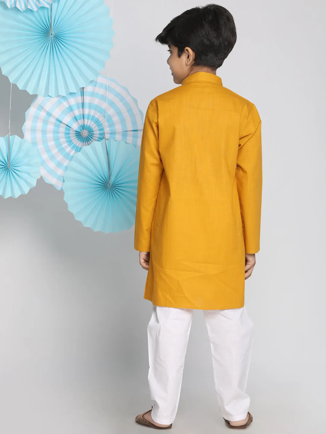 VASTRAMAY Boys Mustard And White Kurta Pyjama Set