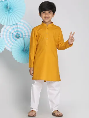 VASTRAMAY Boys Mustard And White Kurta Pyjama Set