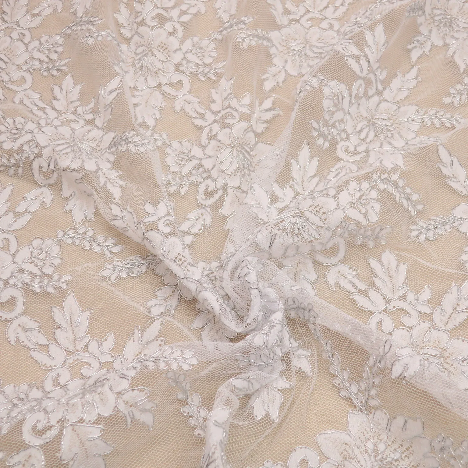 White and Silver Floral Embroidered Double Scalloped Lace Tulle
