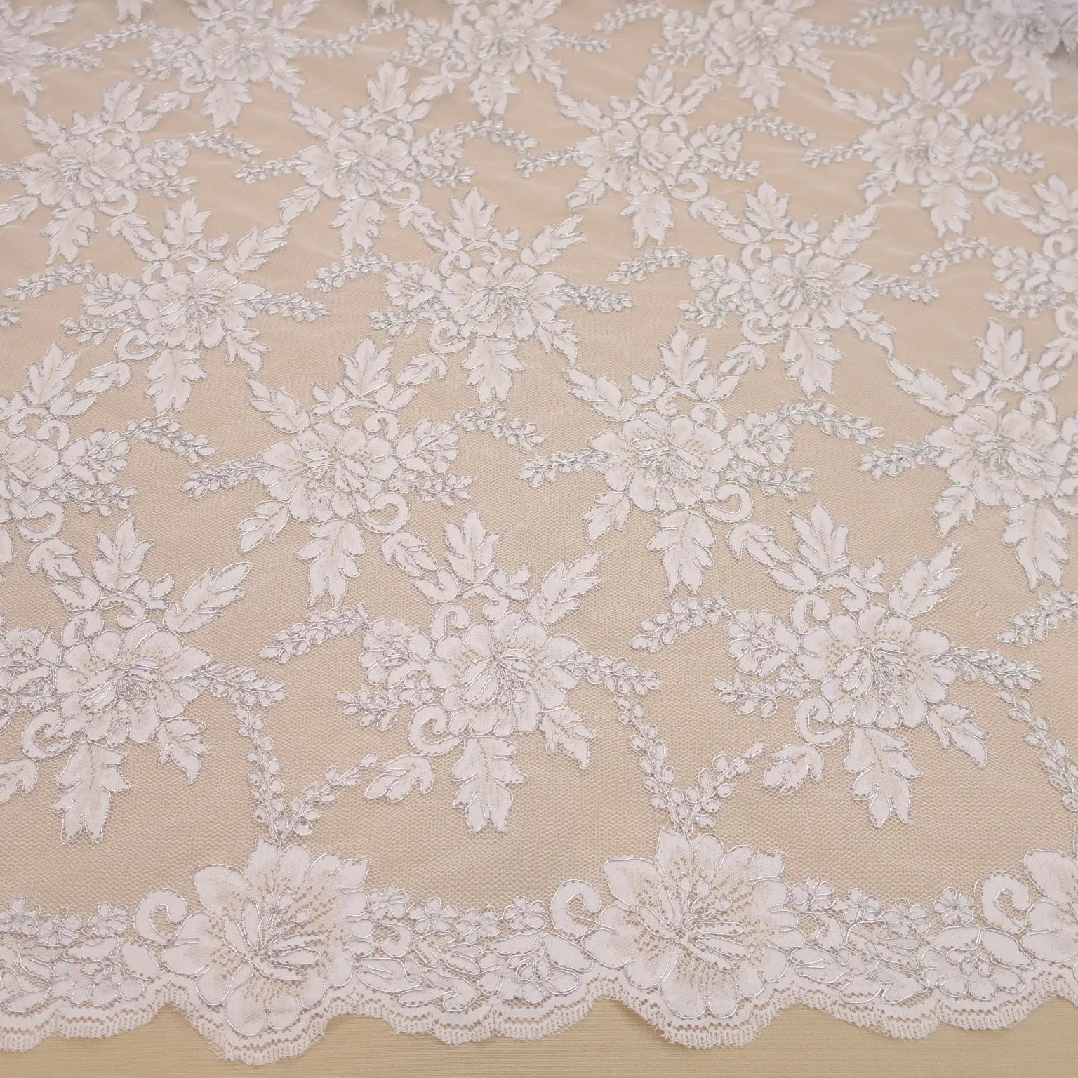 White and Silver Floral Embroidered Double Scalloped Lace Tulle
