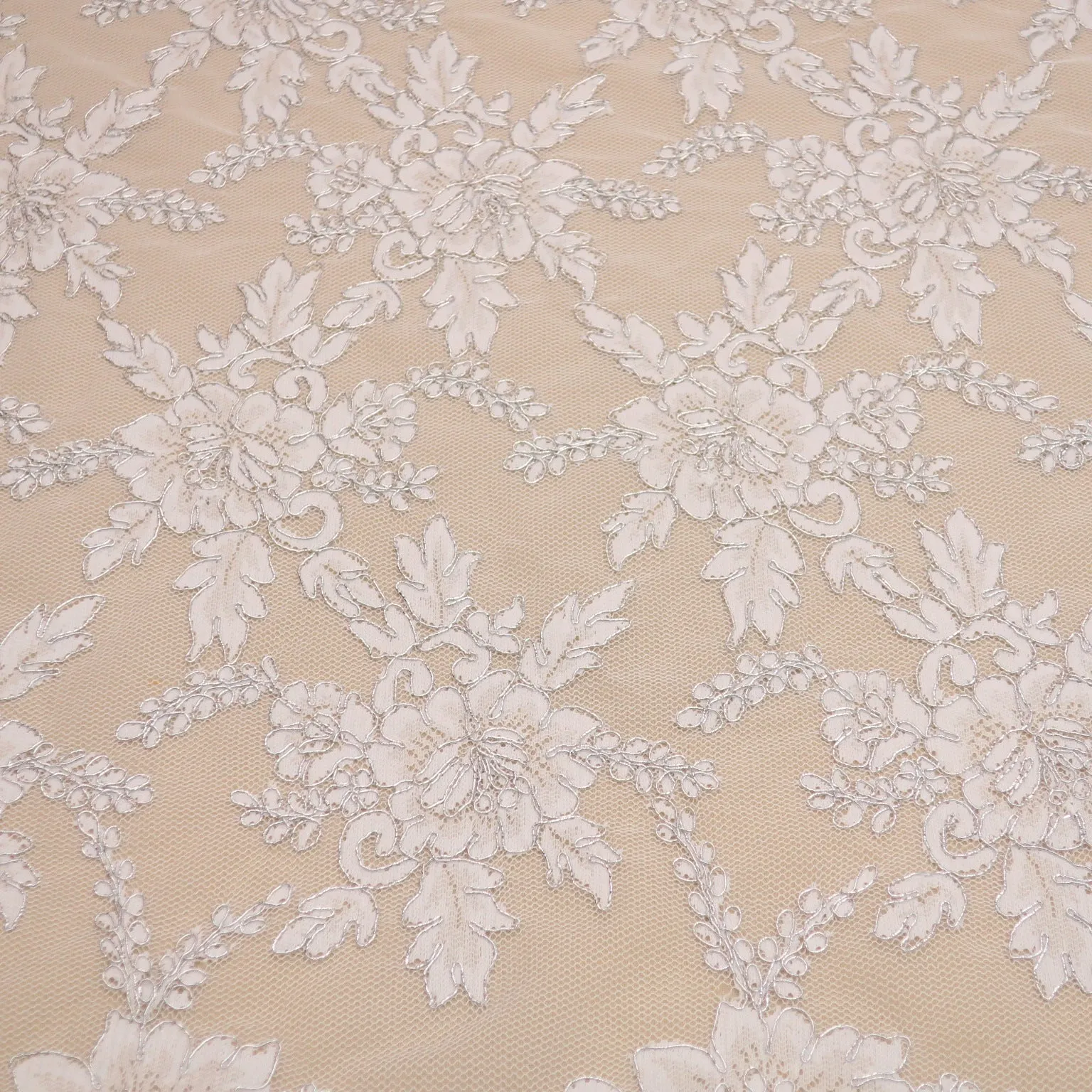 White and Silver Floral Embroidered Double Scalloped Lace Tulle