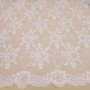 White and Silver Floral Embroidered Double Scalloped Lace Tulle