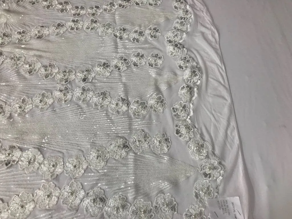 White goddess design floral embroidery with sequins and pearls on a 4 way stretch mesh-dresses-fashion-prom-nightgown-sold by the yard.