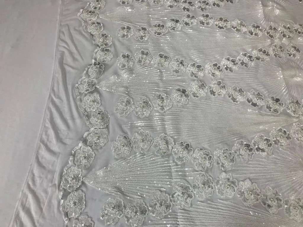 White goddess design floral embroidery with sequins and pearls on a 4 way stretch mesh-dresses-fashion-prom-nightgown-sold by the yard.