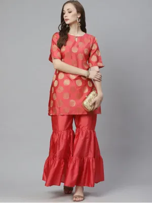 Women'S Coral Pink & Golden Woven Design Kurta With Sharara