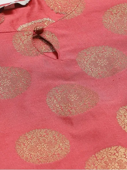 Women'S Coral Pink & Golden Woven Design Kurta With Sharara