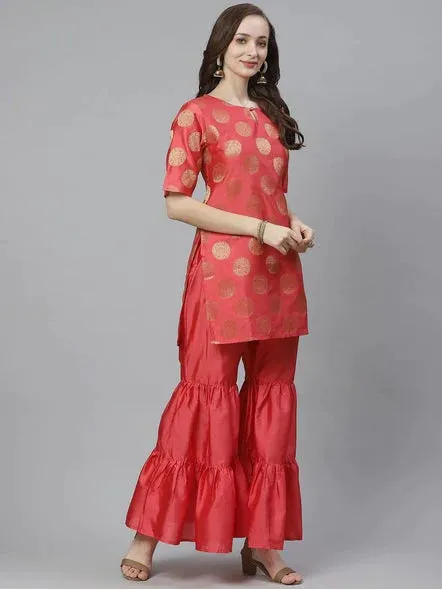 Women'S Coral Pink & Golden Woven Design Kurta With Sharara
